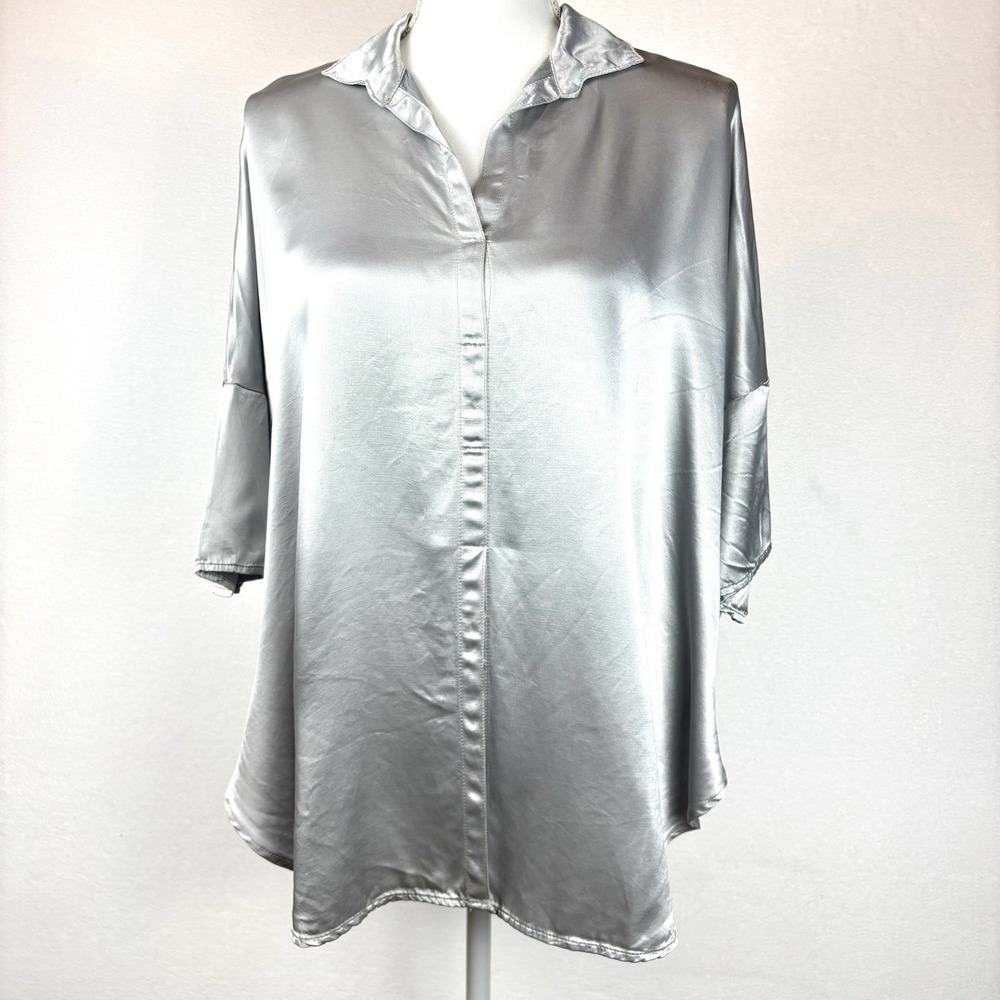 PJ Harlow Fran Satin Top With Collar Morning Blue Silver Small USA Made